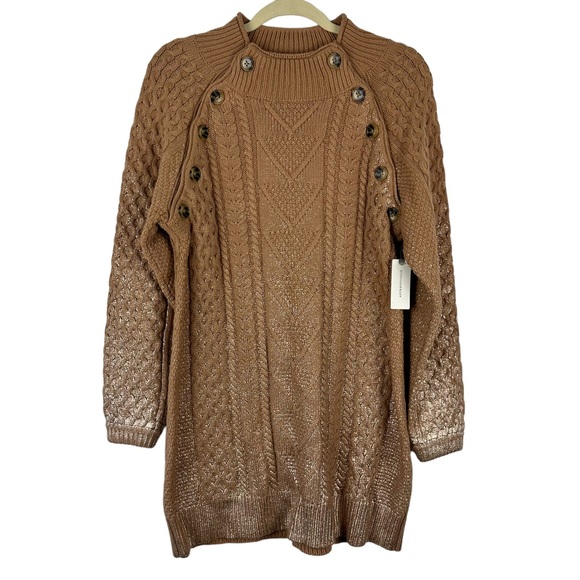NWOT Pilcro Anthropologie Sz S Tan Gold Metallic Cable Knit Tunic Sweater - Picture 1 of 11